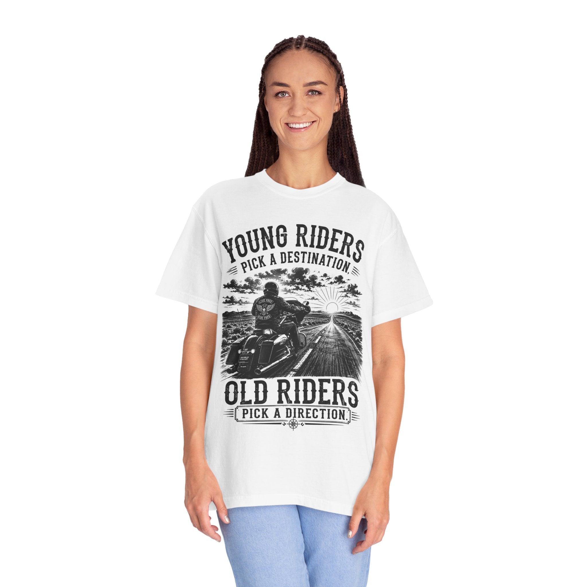 "Young Riders Pick a Destination, Old Riders Pick a Direction" Motorcycle Tee